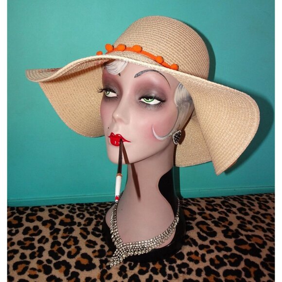 Vintage Feelin' Beachy Ivory Woven Sun Hat with orange pom pom fringe pinup - Picture 4 of 13